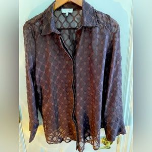 Chocolate brown blouse size L, sheer fabric with cool pattern